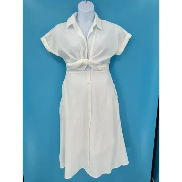 Lulu's Cream Button-Front Midi Dress with Tie Top - Picture 1 of 11